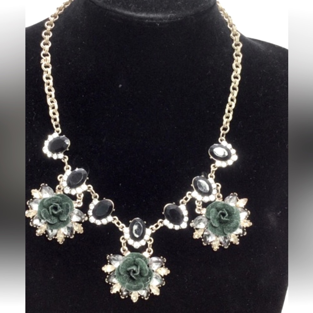 Glam Green Floral Rhinestone Statement Necklace